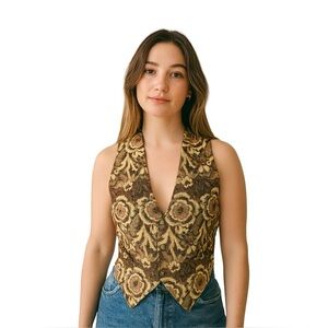 Vintage Tapestry Floral Vest Button-up With Pockets